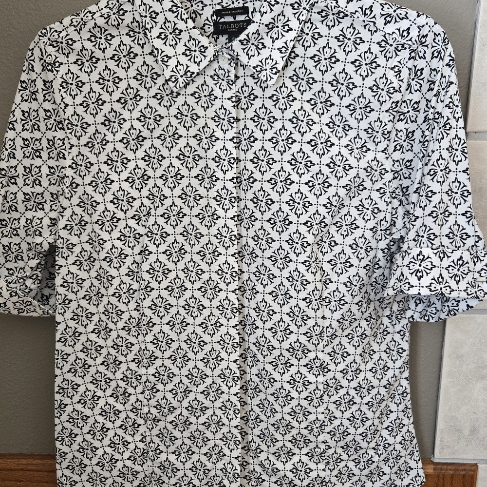 Womens Black and White Geometric Shirt, Covered Placket, French Cuffs
